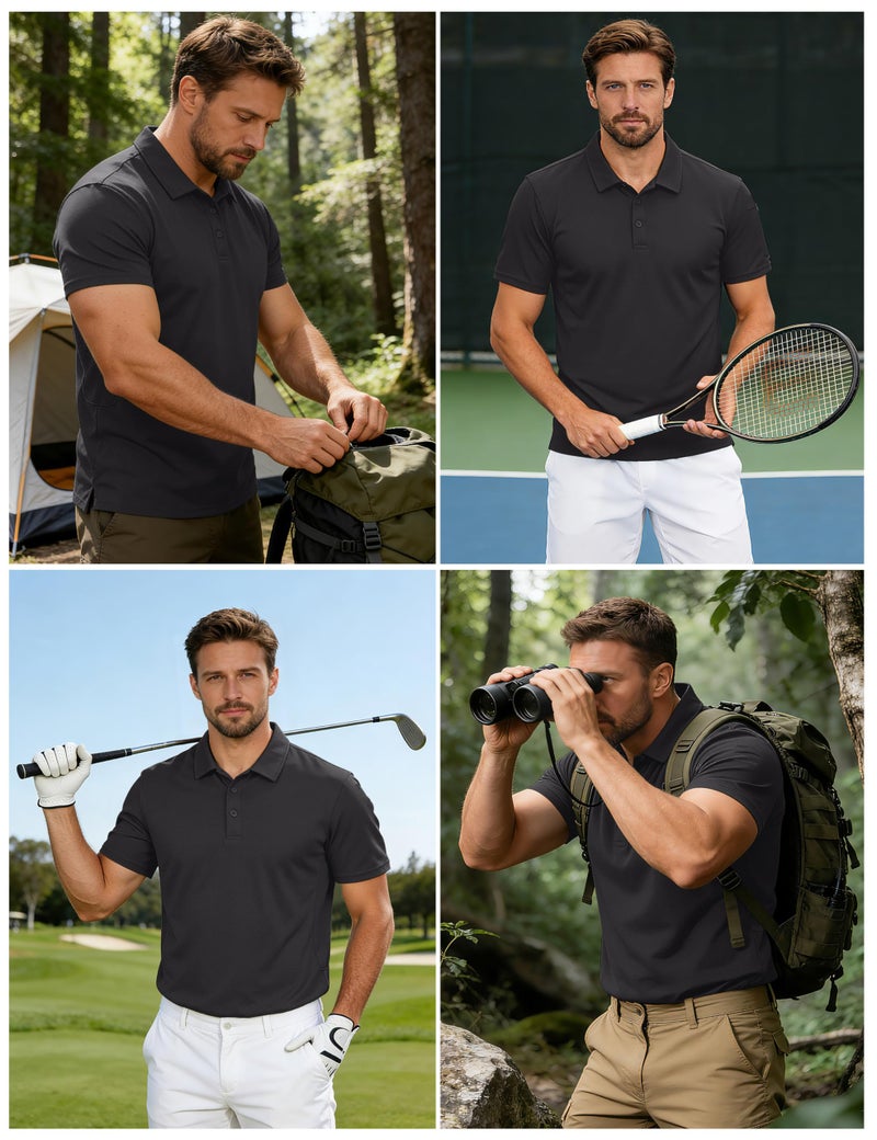 CRYSULLY Mens Polo Shirts Short Sleeve Quick Dry Performance Tactical Collared Shirts Pique Jersey Golf Shirt Black L - Image 2